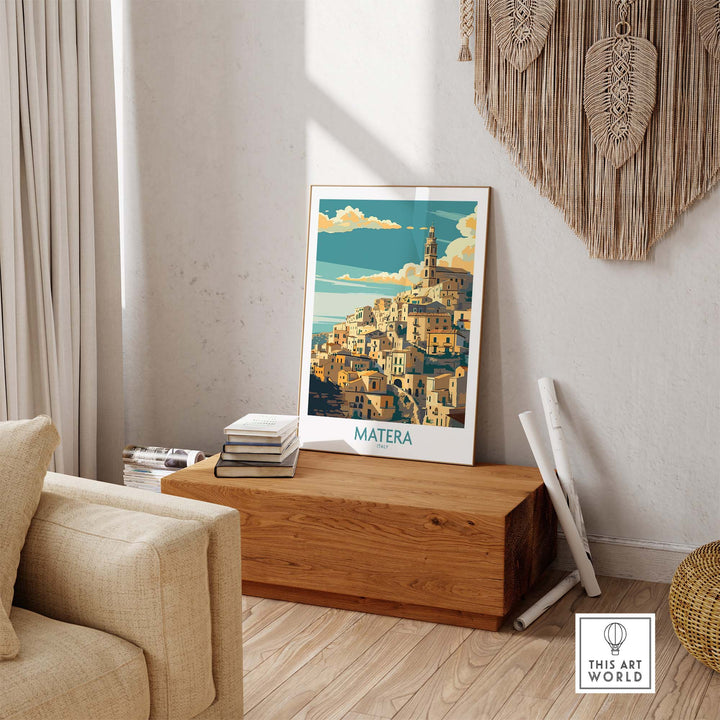 Matera Italy poster showcasing the captivating beauty of Matera city displayed on a wooden bench in a cozy home setting