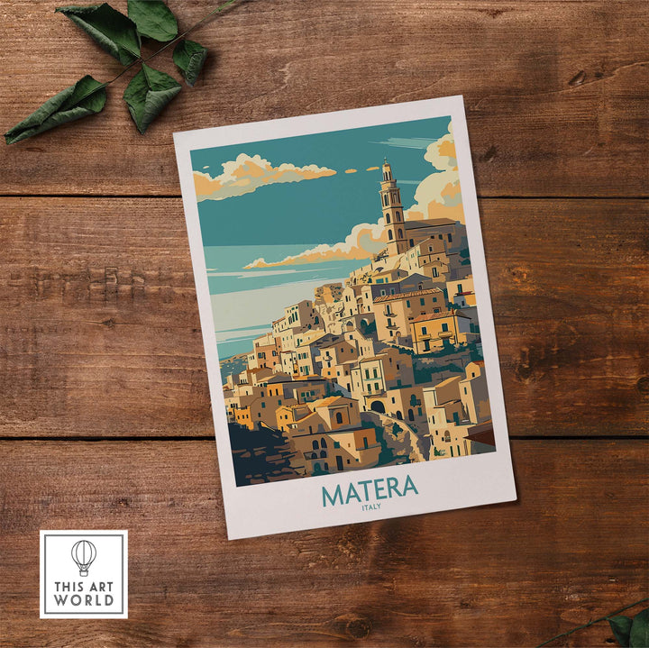 Matera Italy poster on rustic wood background, featuring charming ancient buildings and scenic views for elegant home decor.
