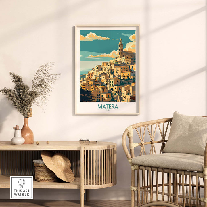 Matera Italy Poster - Captivating travel print of Matera city wall art elevating home decor with historic cave dwellings and stunning views.