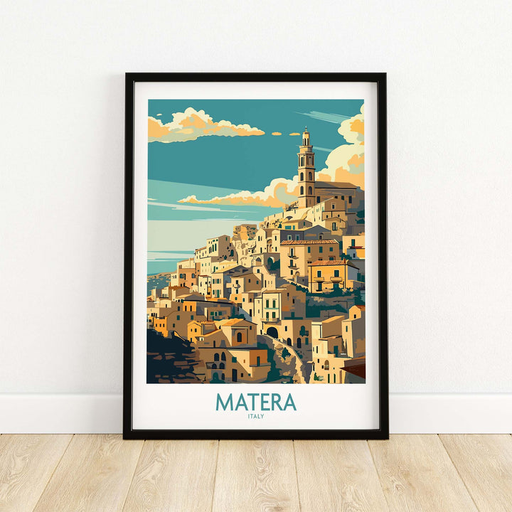 Framed Matera Italy poster showcasing historic cave dwellings and scenic views, perfect for enhancing home decor.