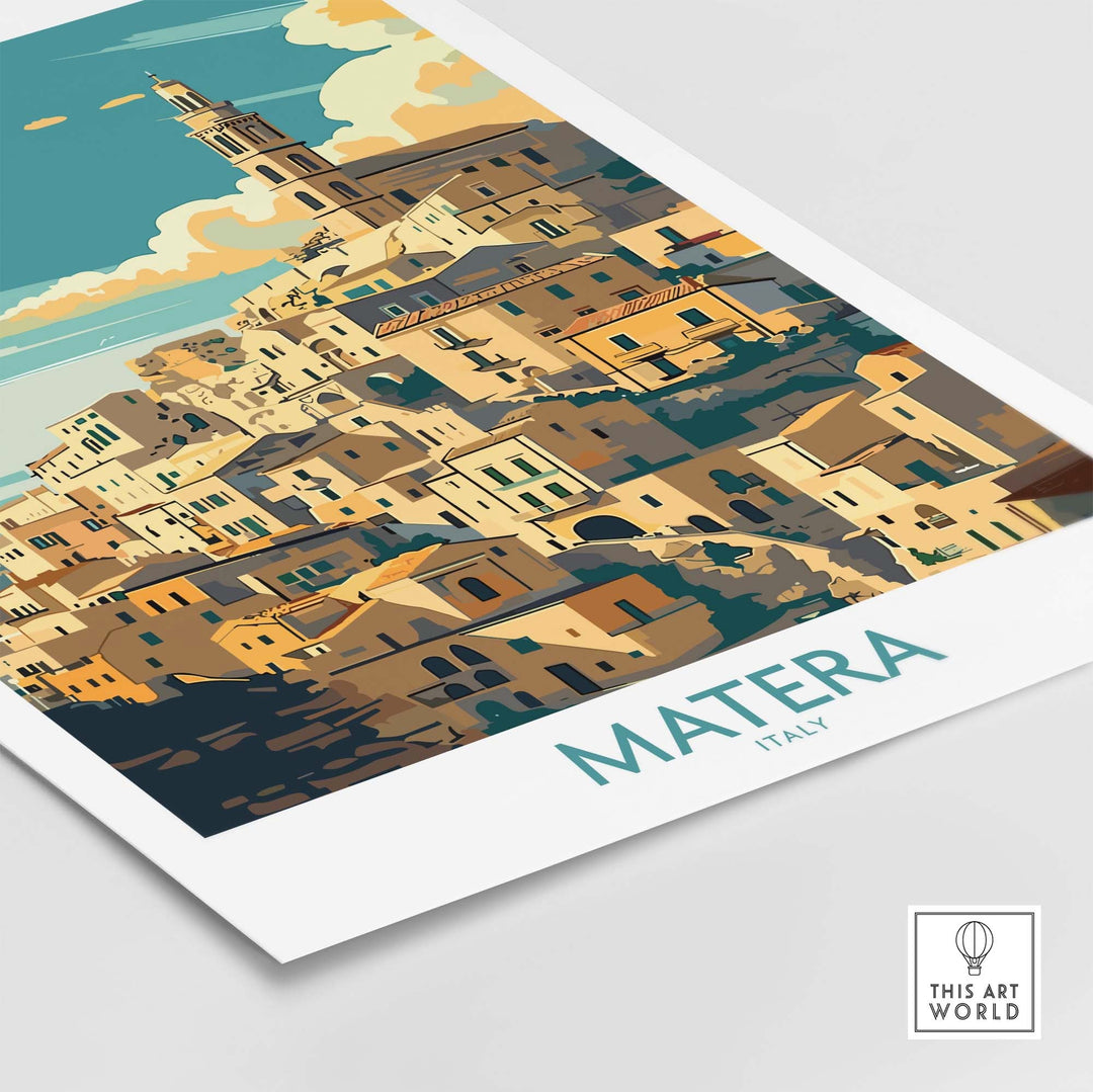 Matera Italy Poster - Captivating travel print showcasing historic cave dwellings and scenic views of Matera, perfect for home decor.