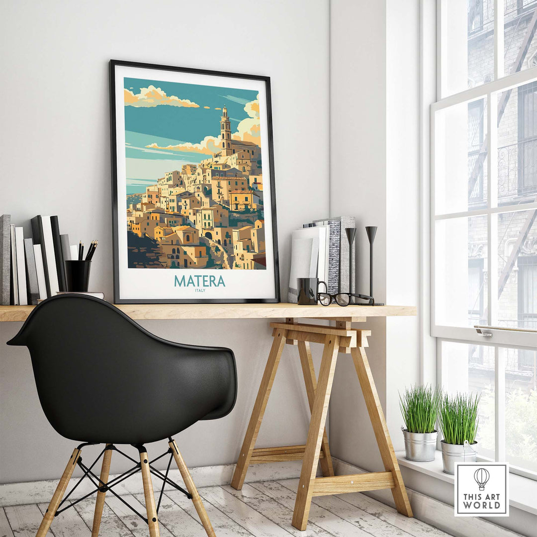Matera Italy Poster featuring historic cave dwellings and cityscape, displayed in modern home office desk setup.