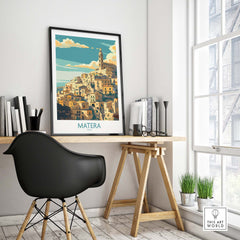 Matera Wall Art - Captivating Travel Prints for an Elevated Home Decor showcasing Italy's stunning landscape on a stylish desk.