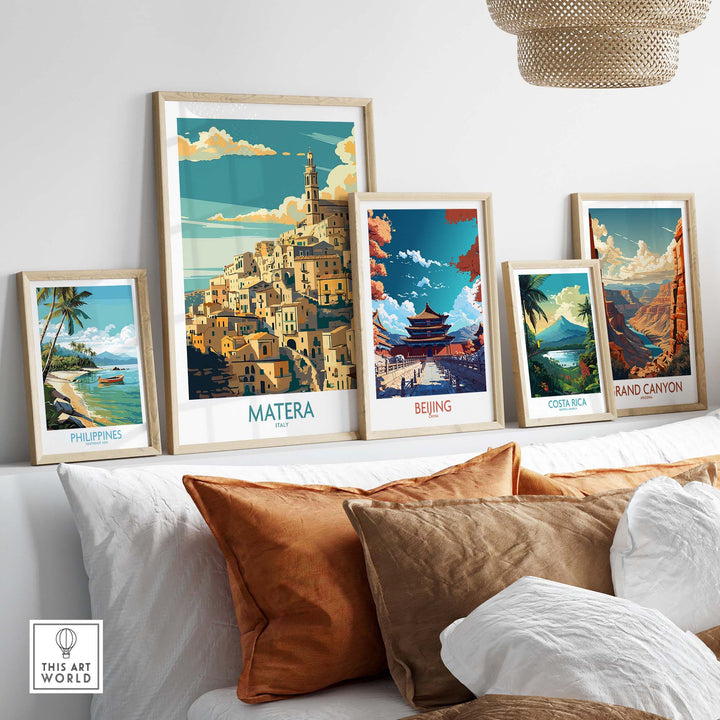 Matera Italy Poster displayed alongside other travel prints for elevated home decor