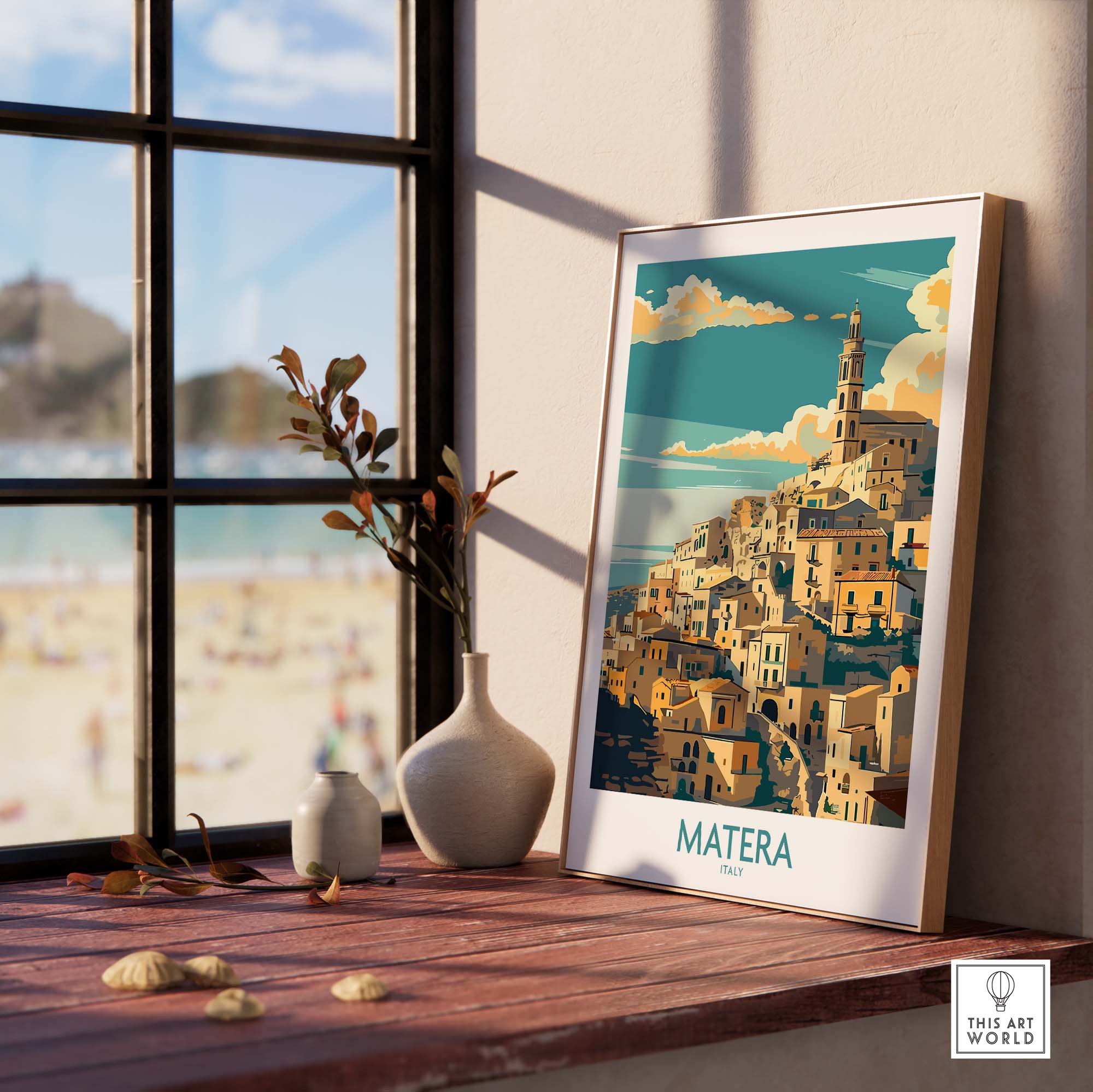 Matera Wall Art - Captivating Travel Prints for an Elevated Home Decor featuring a framed print overlooking a beach scene.