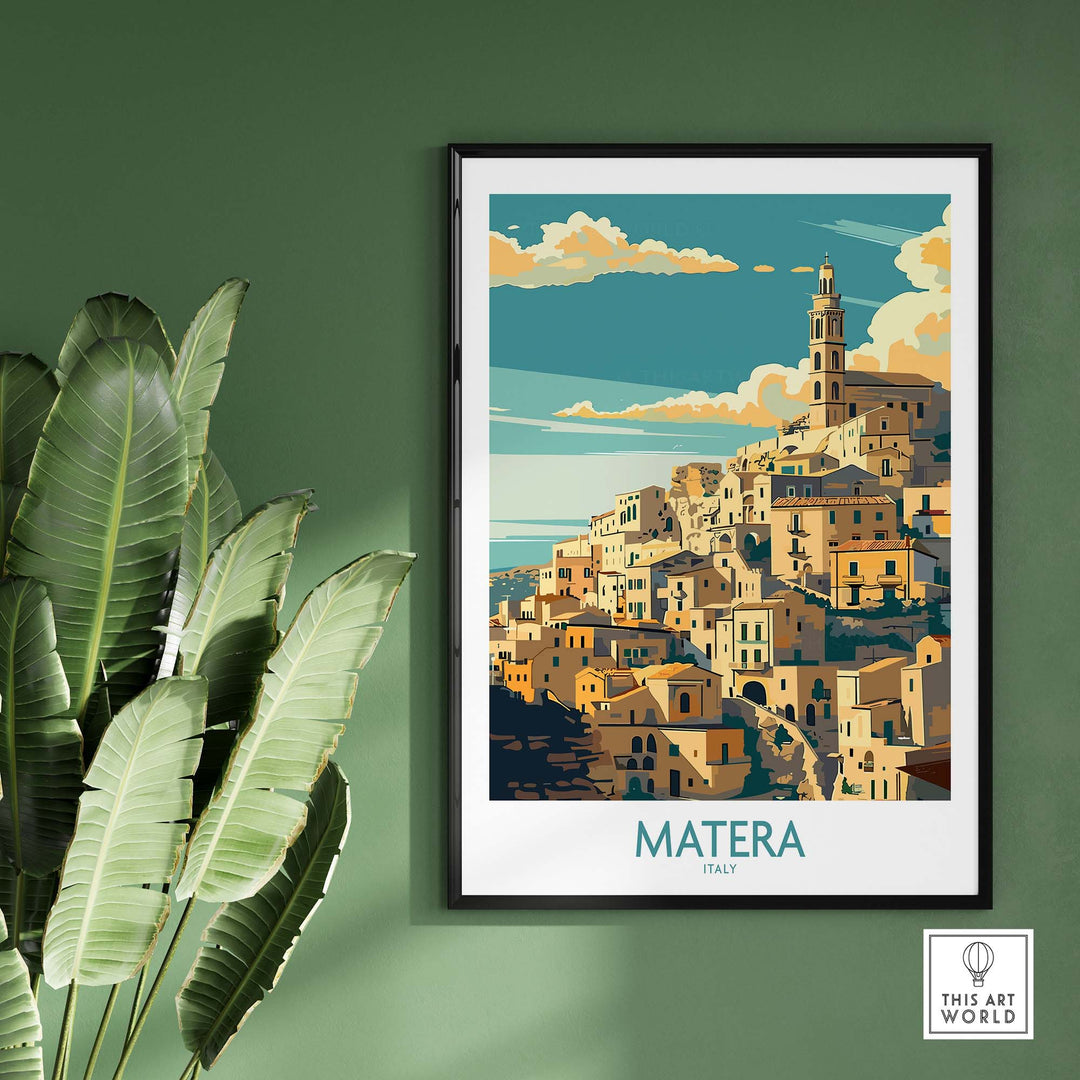 Framed Matera Italy travel print wall art featuring historic cave dwellings, placed against a green wall with plants