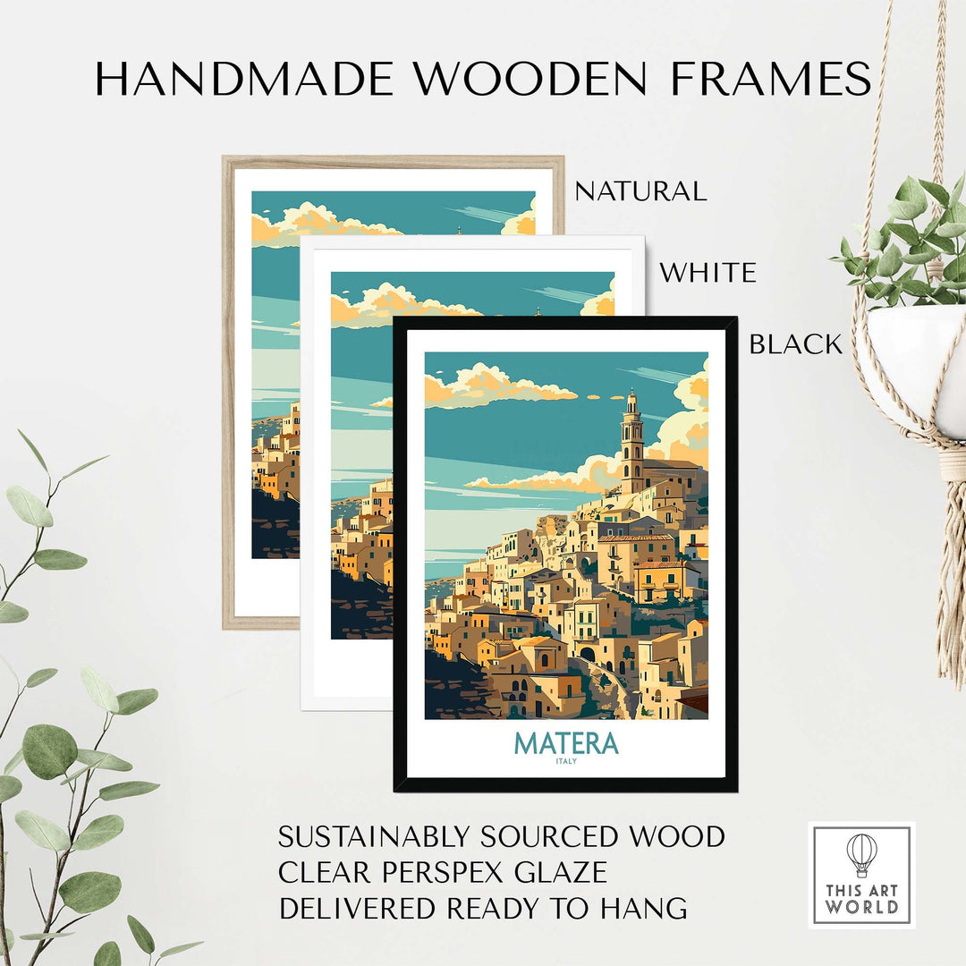 Matera Italy Poster in handmade wooden frames with natural, white, and black options for elevated home decor.