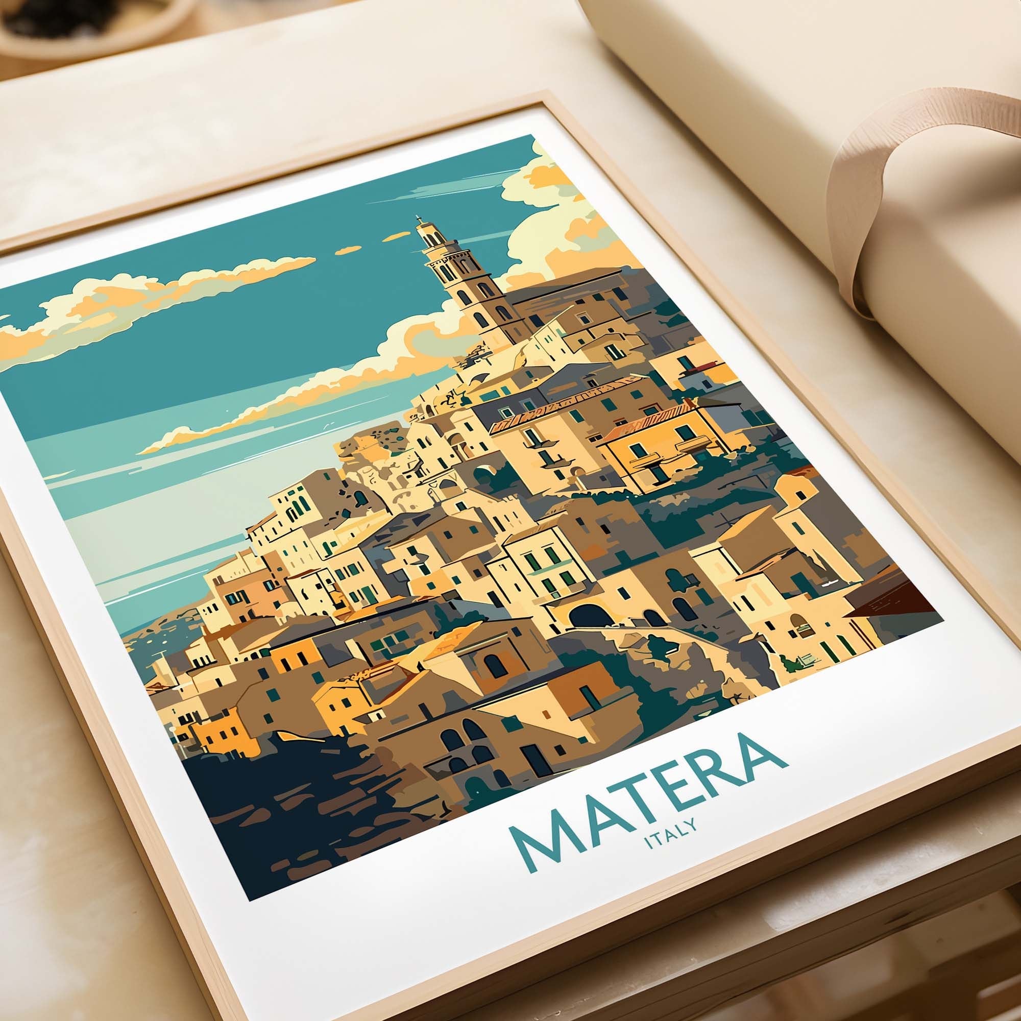 Matera Wall Art - Captivating Travel Prints for an Elevated Home Decor featuring a colorful illustration of Matera, Italy.