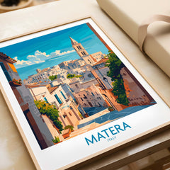 Matera Wall Art showcasing a vibrant illustration of Matera, Italy, ideal for home decor and travel-inspired aesthetics.