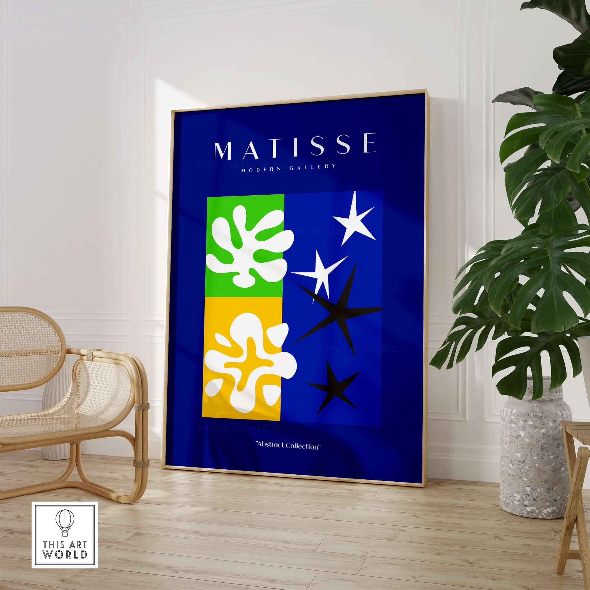 Matisse Art Prints - Abstract Blue Poster showcasing vibrant blue background and playful geometric shapes.