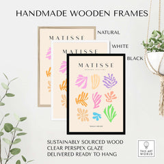 Matisse Art Prints - Abstract Botanical Shapes Grid Poster displayed in handmade wooden frames in natural, white, and black finishes.