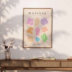 Matisse Art Prints - Abstract Botanical Shapes Grid Poster featuring colorful botanical shapes on a beige background.