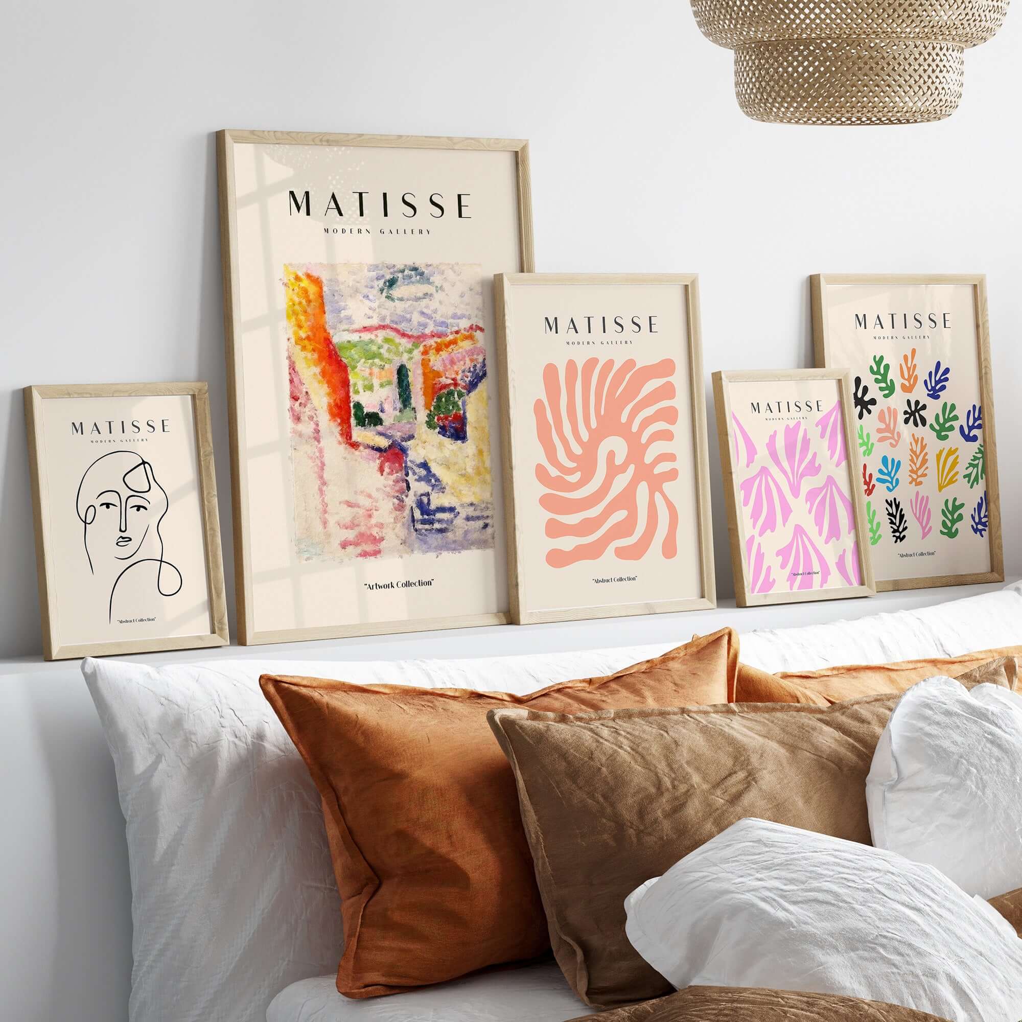 Matisse Art Prints - Abstract Fauvist Poster displayed on wall above a couch with decorative pillows.