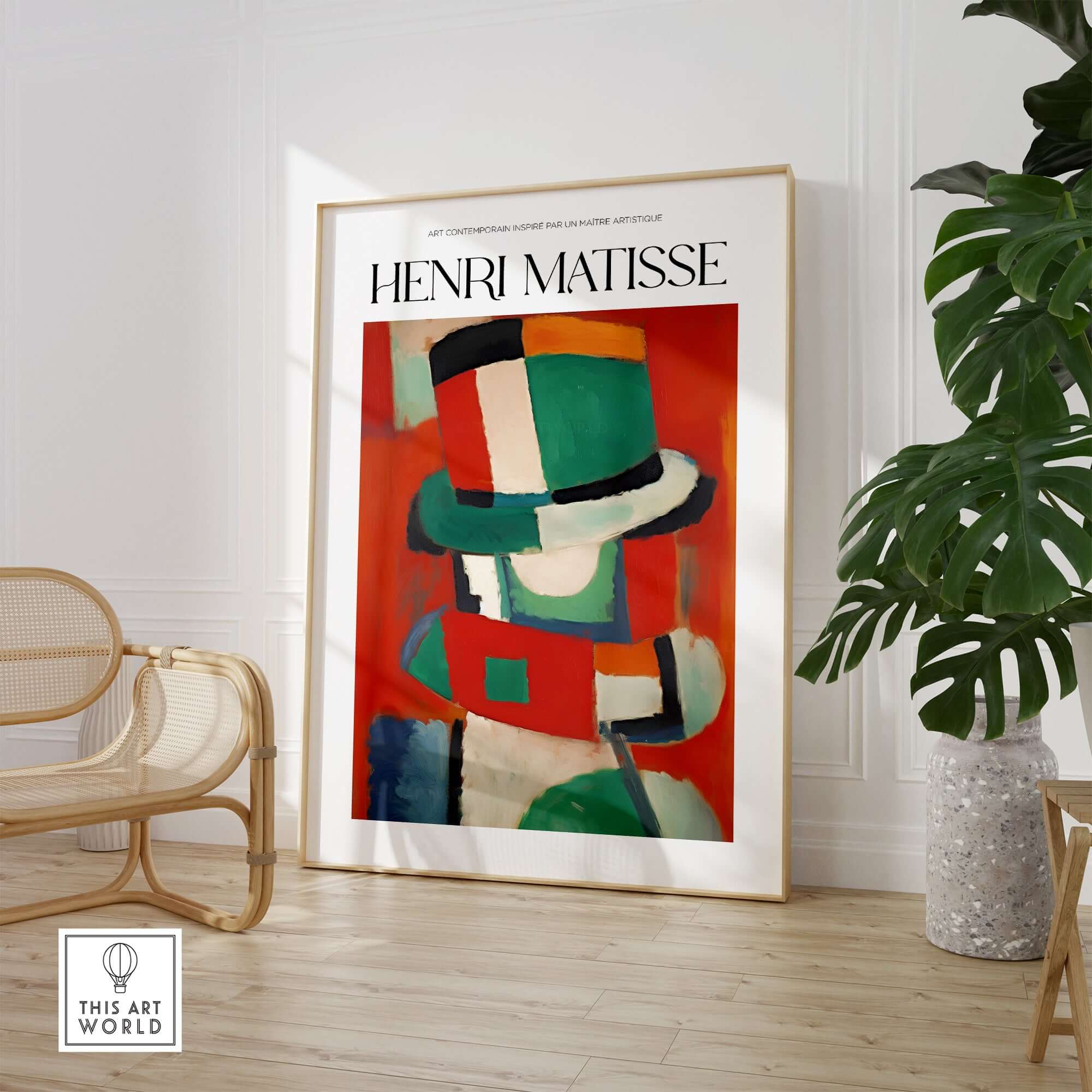 Matisse Art Prints - Abstract Figure with Hat Poster displayed in a modern interior setting with vibrant colors.