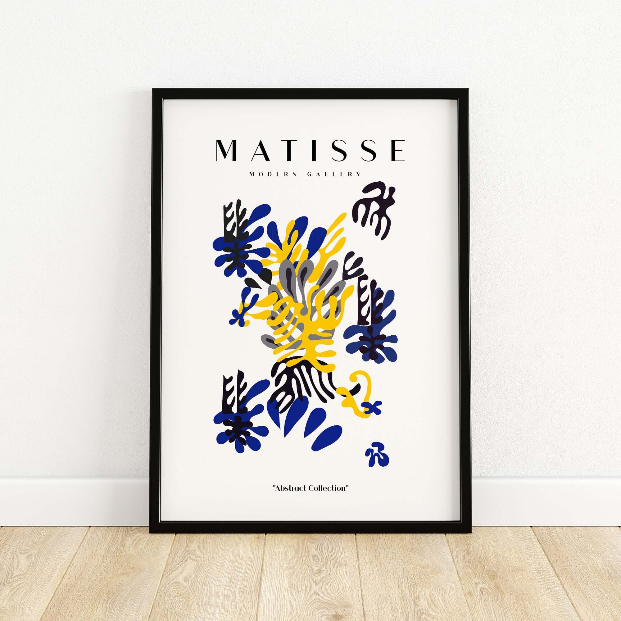 Matisse Art Prints -  Abstract Floral Blue Yellow Black Poster framed art print showcasing dynamic abstract floral design.