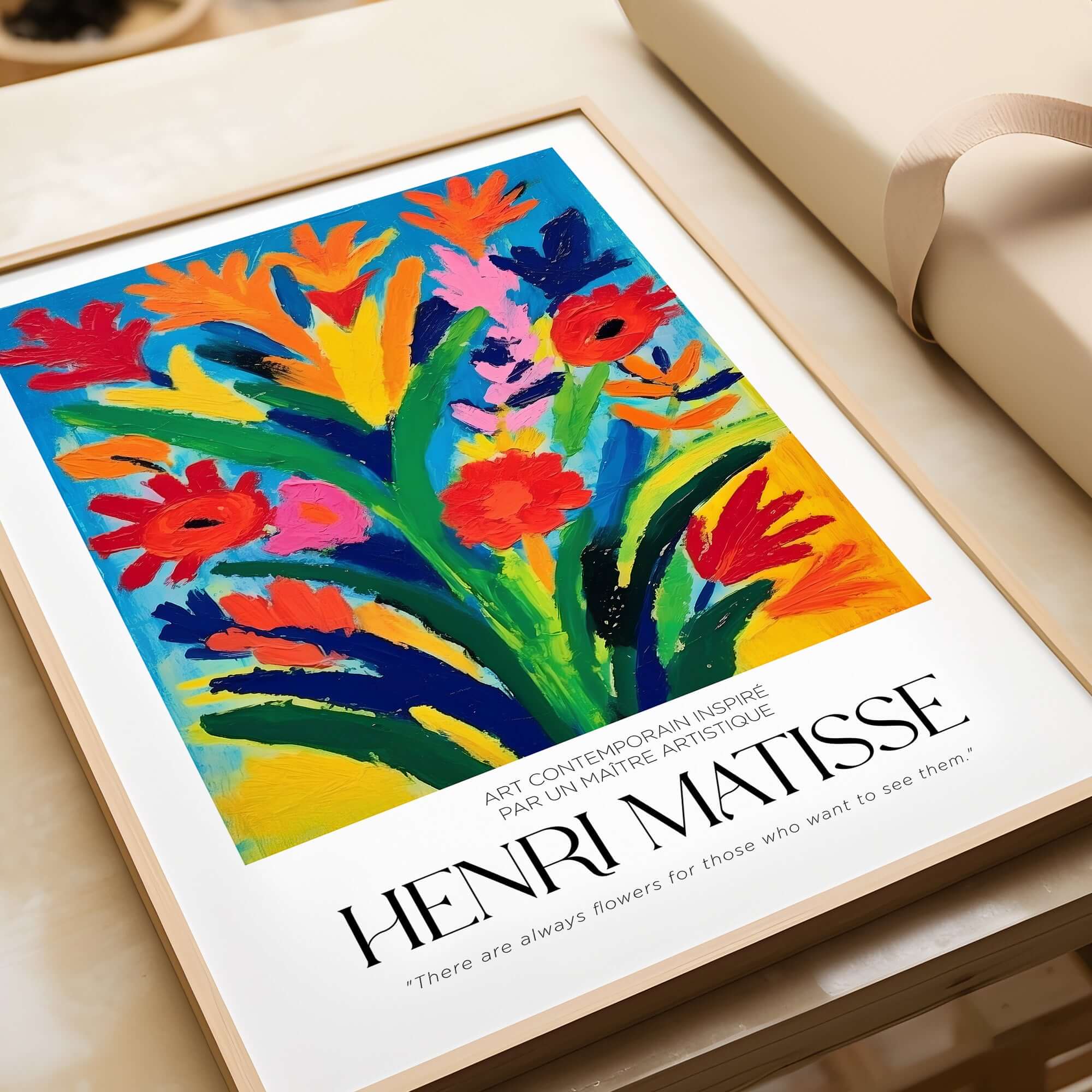 Matisse Art Prints - Abstract Floral Bouquet Print featuring vibrant flowers in bold colors on a blue background.