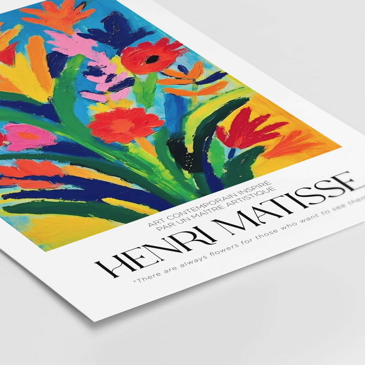 Matisse abstract floral art print featuring vibrant colors and bold flowers against a blue background.