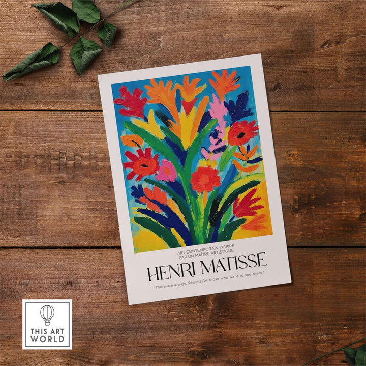 Henri Matisse abstract floral art print featuring bold colors on a wooden background.
