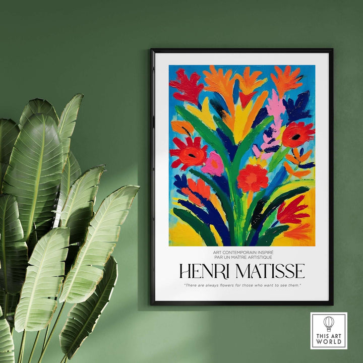 Vibrant Matisse-inspired floral art print in a black frame, showcasing bold colors against a green wall.