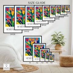 Matisse Art Prints - Abstract Floral Bouquet Print size guide displaying various frame sizes for the vibrant floral art.