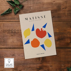Matisse Art Prints - Abstract Fruit Shapes Blue Triangles Poster on a wooden surface with colorful shapes.