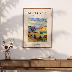 Matisse Art Prints - Abstract Painterly Landscape Bridge Poster displayed on a wall above a wooden console table.
