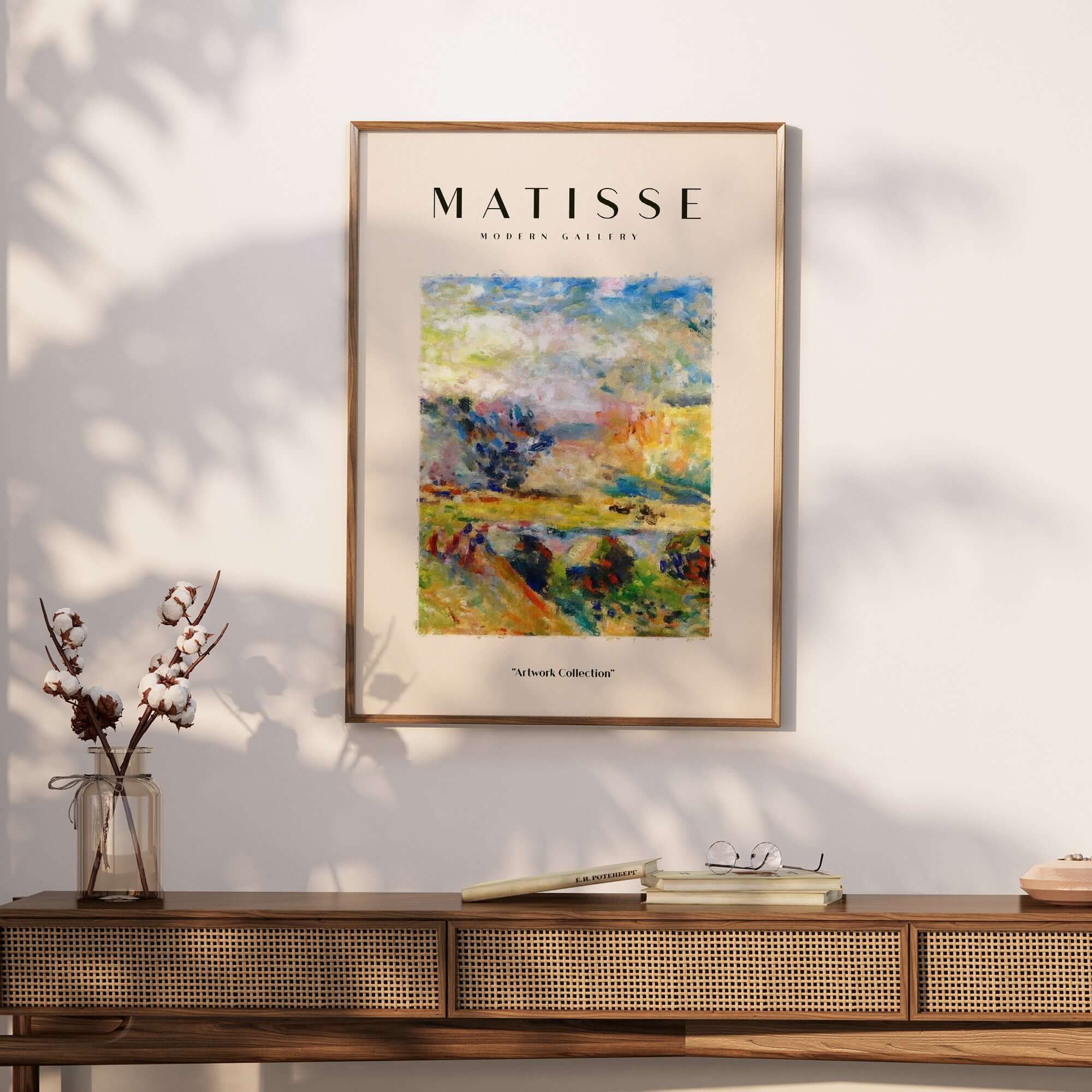 Matisse Art Prints - Abstract Painterly Landscape Bridge Poster displayed on a wall above a wooden console table.