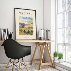 Matisse Art Prints - Abstract Painterly Landscape Bridge Poster displayed in a modern workspace, showcasing vibrant colors.