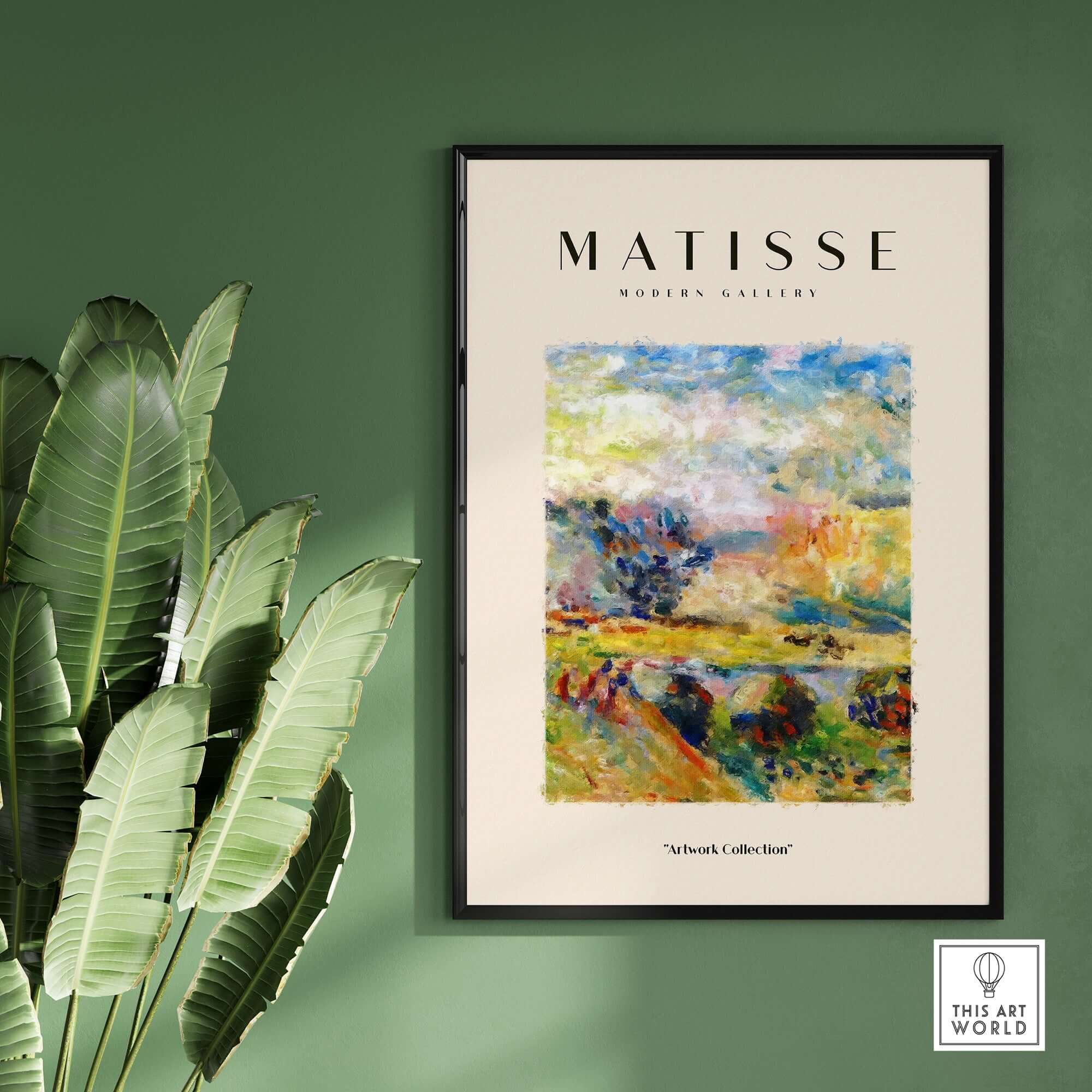 Matisse Art Prints - Abstract Painterly Landscape Bridge Poster framed on a wall with greenery.