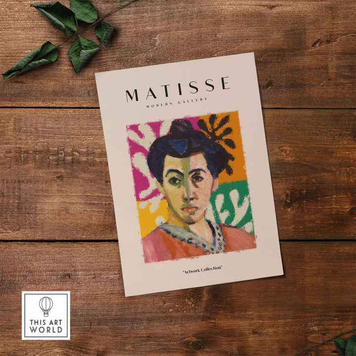 Matisse abstract portrait art print featuring a woman with dark hair and colorful background in pink, orange, and green.