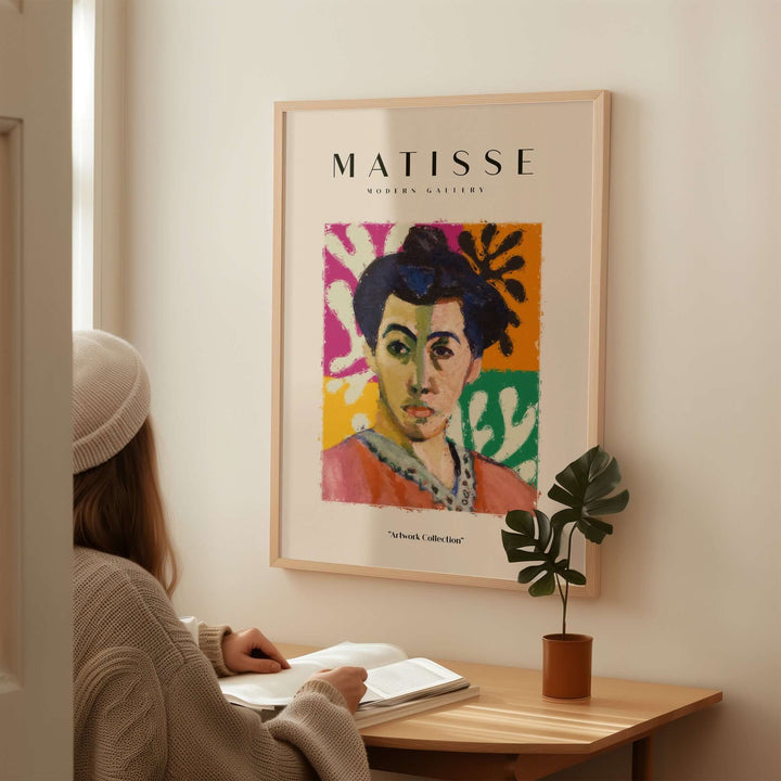 Matisse abstract portrait art print featuring a woman's face and colorful leaf patterns, enhancing modern decor.