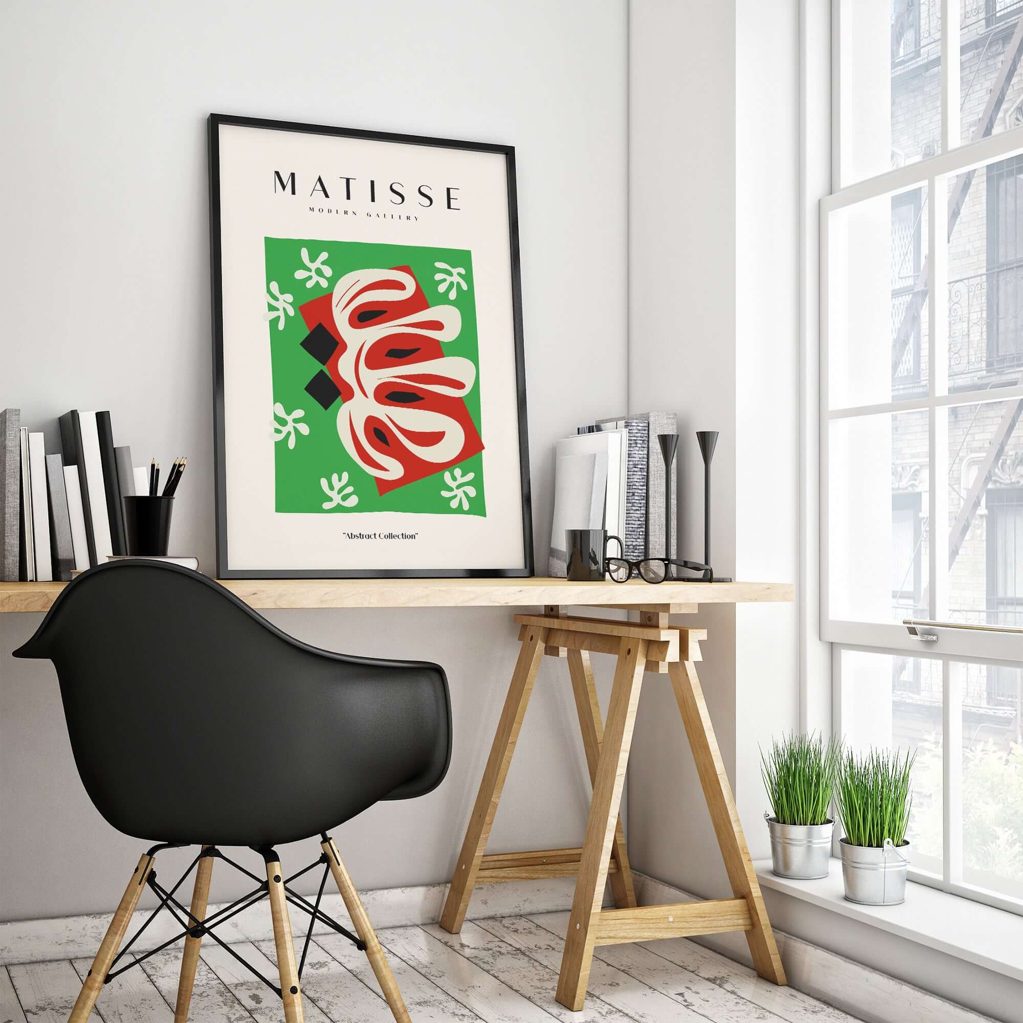 Matisse Art Prints - Abstract Shape Red Green Poster displayed in a modern workspace with stylish decor.