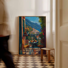 Matisse Amalfi Coast Balcony Art Print | Matisse Inspired Italy Poster displayed in a beautiful interior setting.