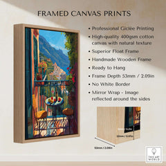 Matisse Amalfi Coast Balcony Art Print | Matisse Inspired Italy Poster with wooden frame showcasing vibrant coastal scene.