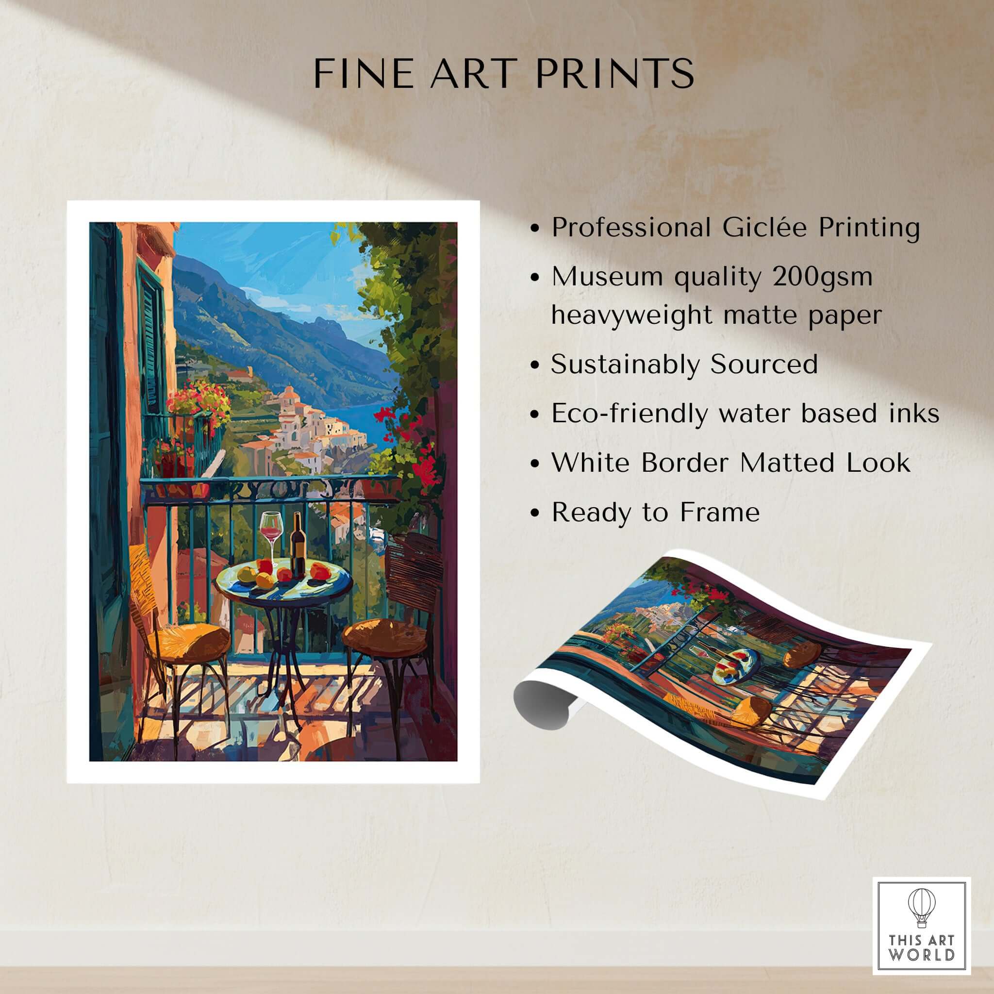 Matisse Amalfi Coast Balcony Art Print | Matisse Inspired Italy Poster, vibrant art print of Amalfi balcony.