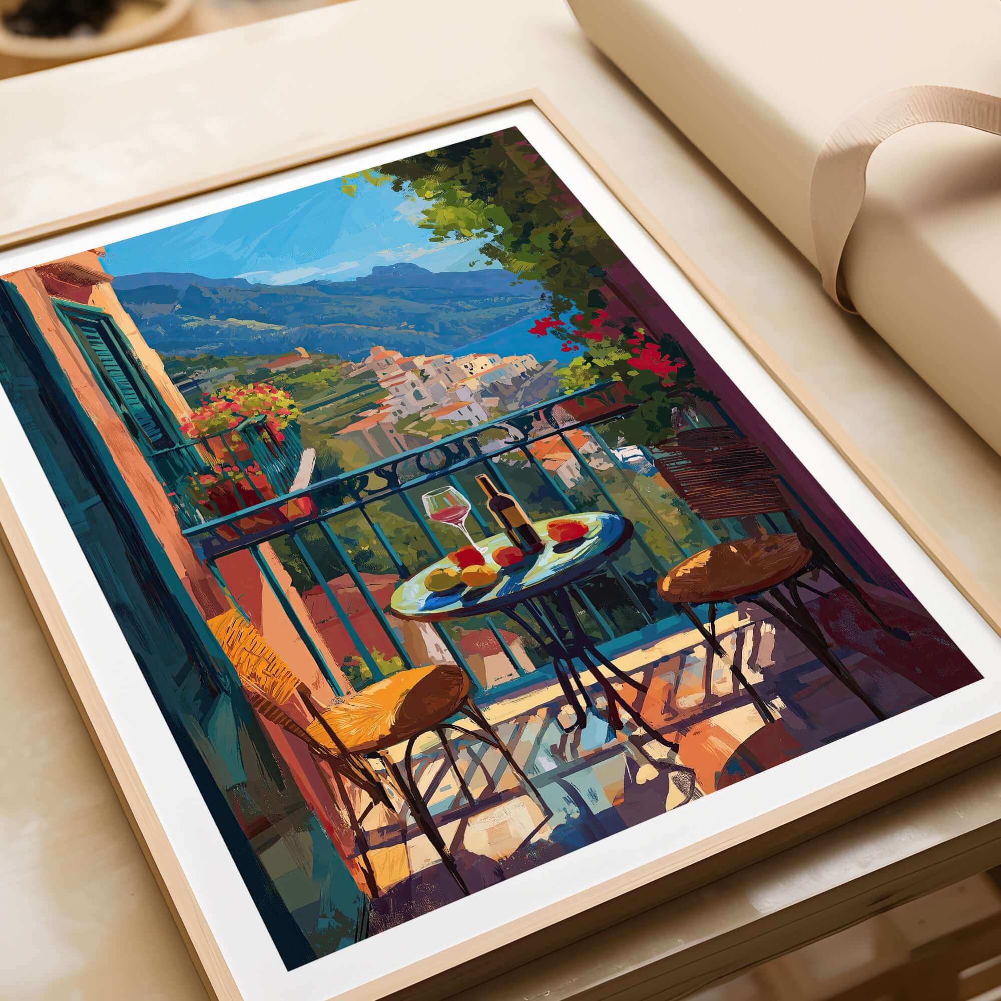 Matisse Amalfi Coast Balcony Art Print | Matisse Inspired Italy Poster featuring a vibrant balcony scene.