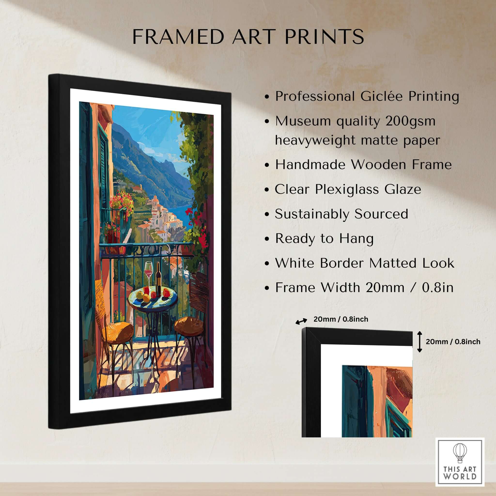 Matisse Amalfi Coast Balcony Art Print | Matisse Inspired Italy Poster with professional giclée printing and handmade frame.