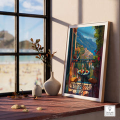 Matisse Amalfi Coast Balcony Art Print | Matisse Inspired Italy Poster displayed on a windowsill with a beach view.