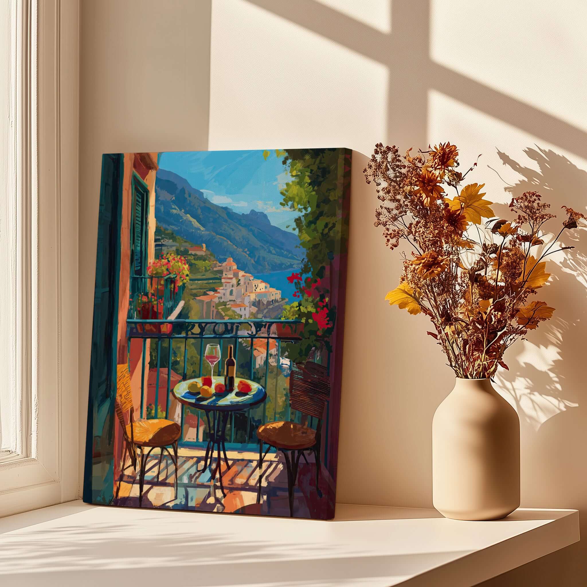 Matisse Amalfi Coast Balcony Art Print | Matisse Inspired Italy Poster displayed on a sunny balcony with flowers.