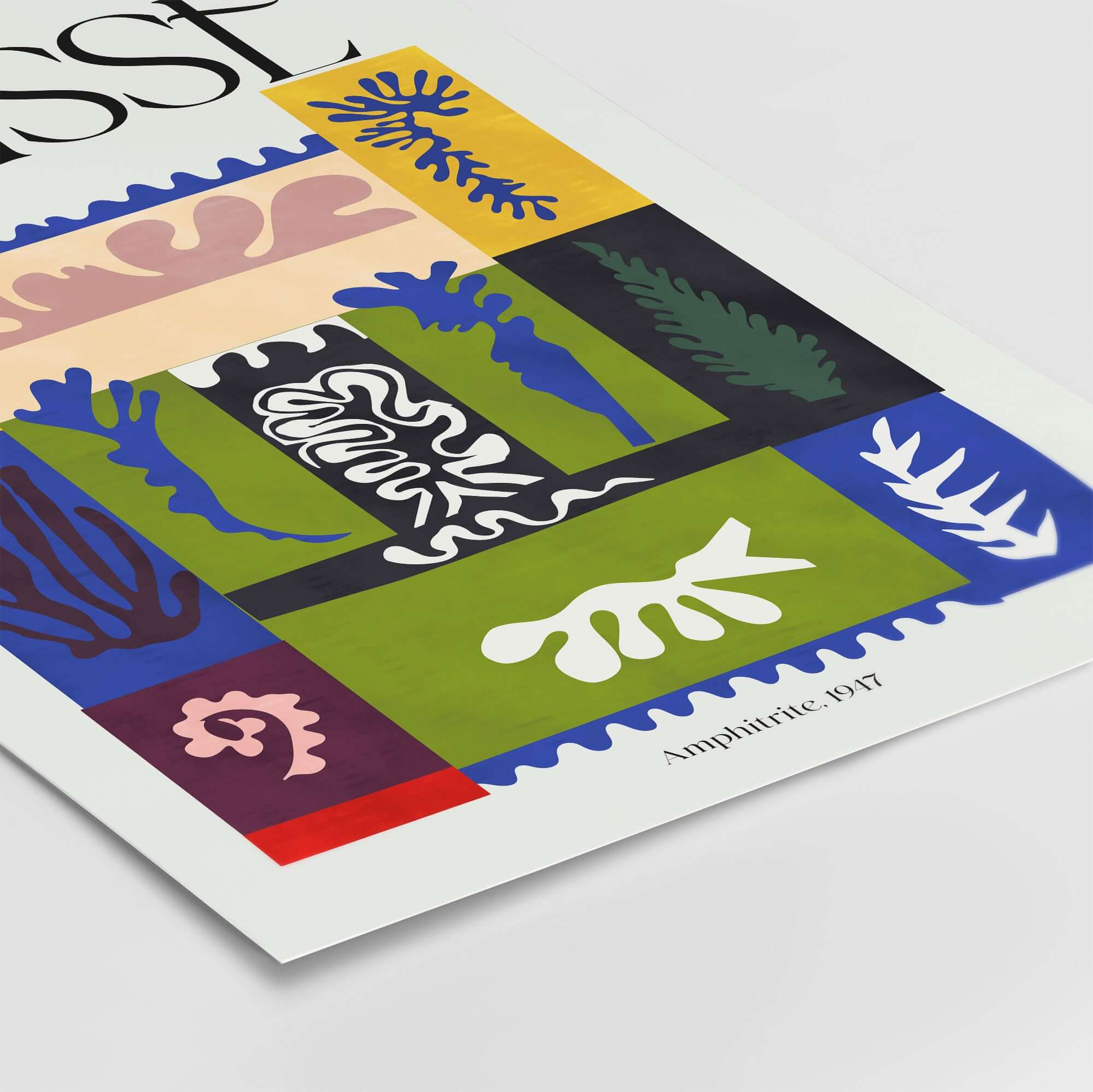 Matisse Amphitrite 1947 Abstract Patchwork Poster Print featuring vibrant botanical and sea-life shapes in bold colors.