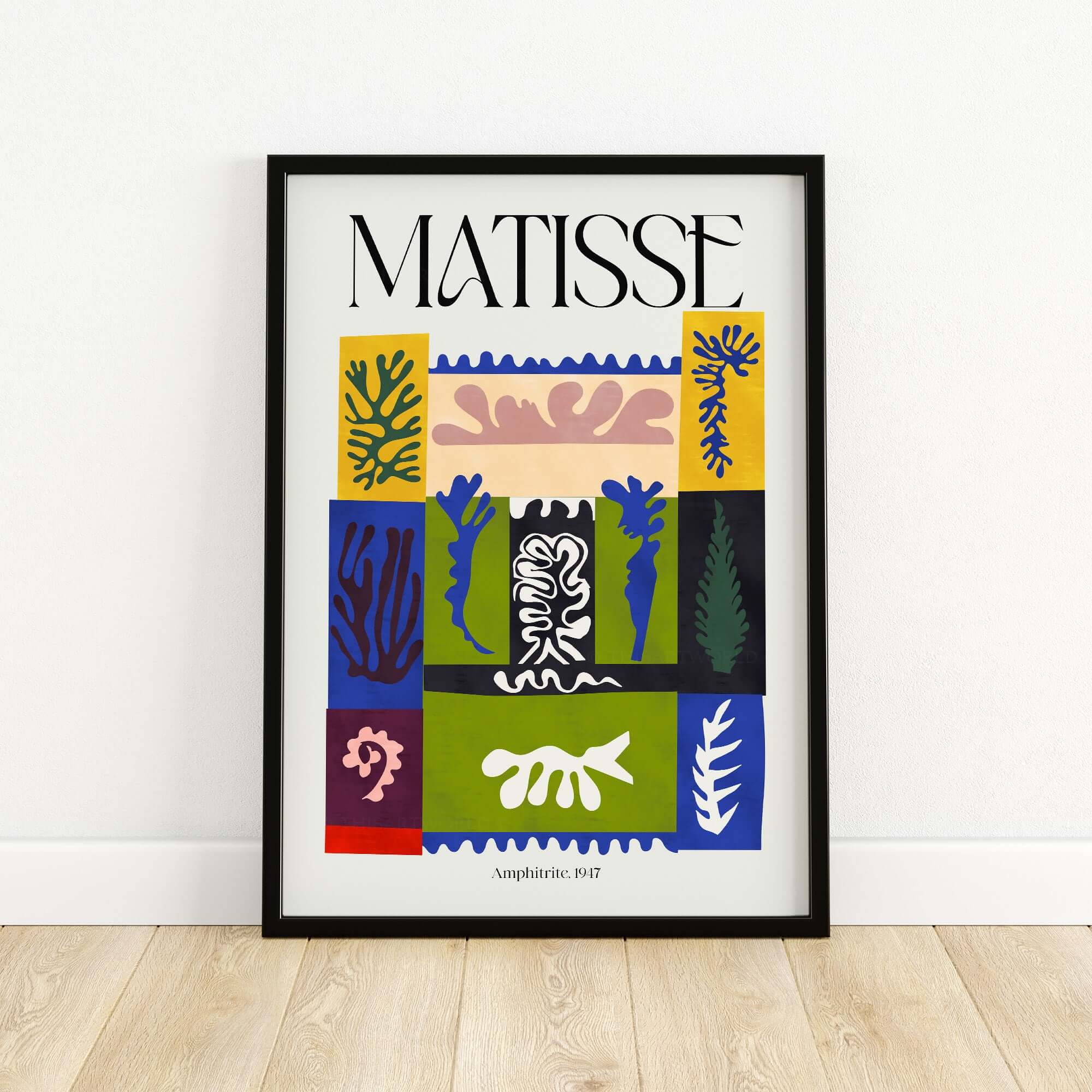 Matisse Amphitrite 1947 Abstract Patchwork Poster Print showcasing vibrant botanical and sea-life shapes in bold colors.