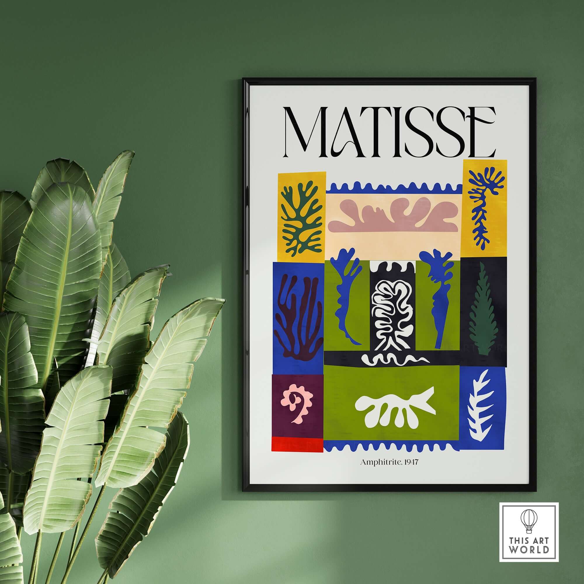 Matisse Amphitrite 1947 Abstract Patchwork Poster Print featuring vibrant botanical and sea-life shapes on a green wall.