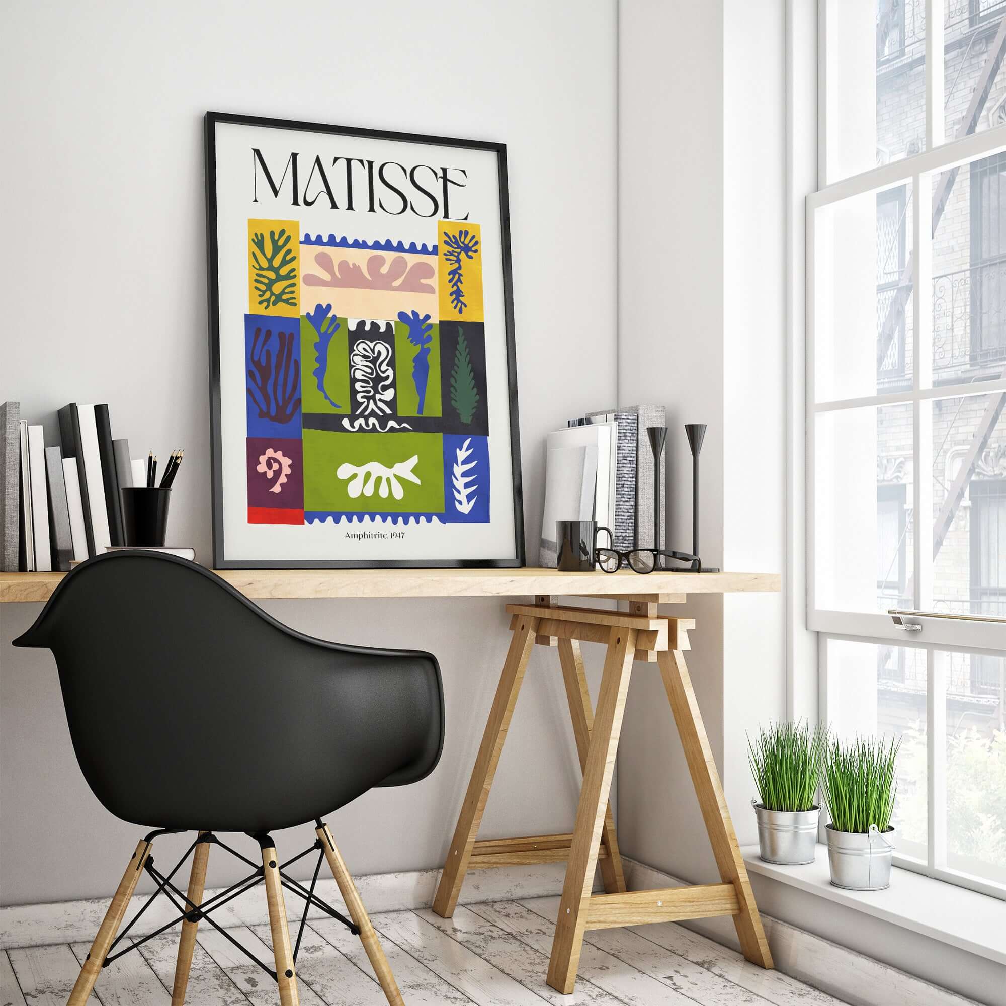 Matisse Amphitrite 1947 Abstract Patchwork Poster Print displayed in a modern study with a stylish chair and desk.