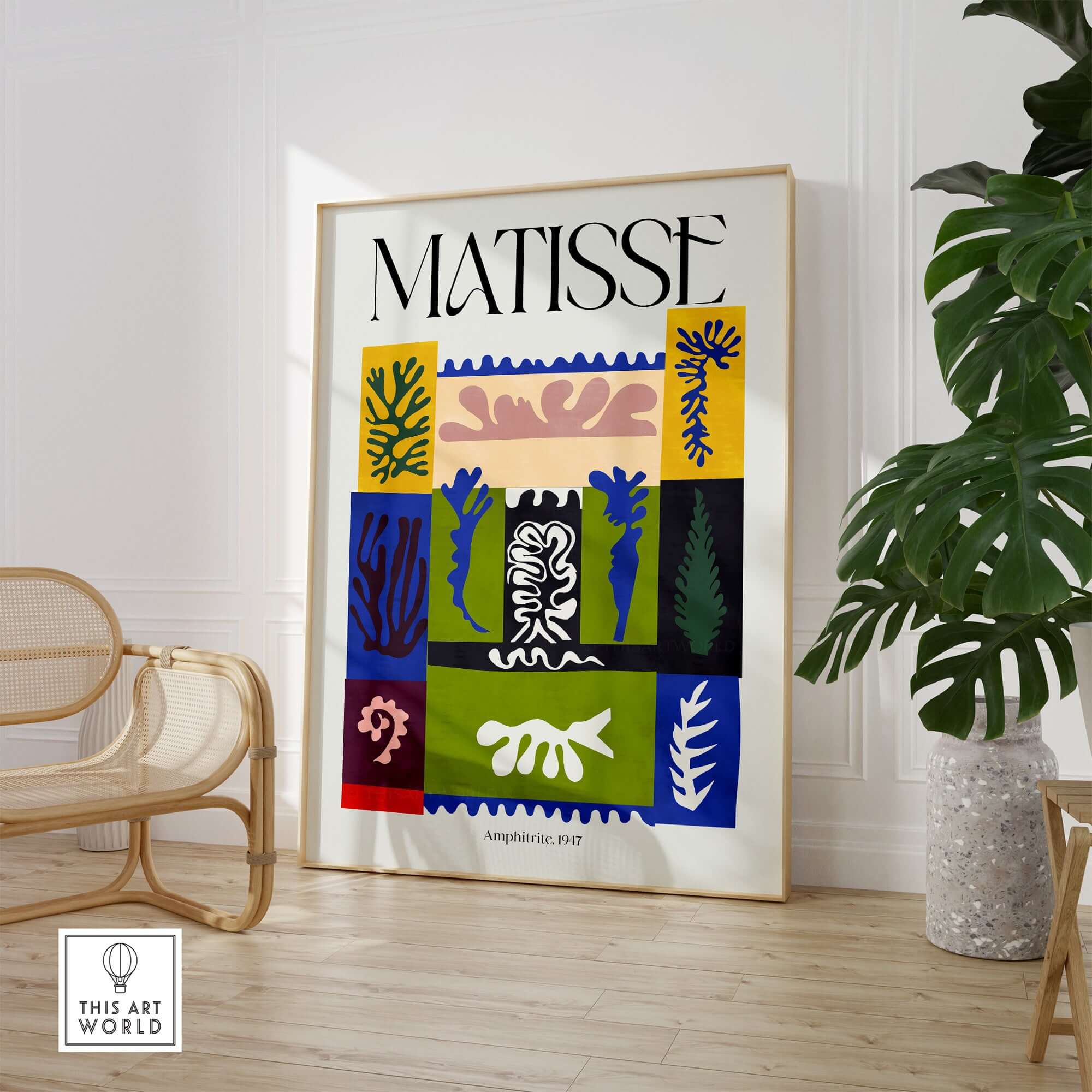 Matisse Amphitrite 1947 Abstract Patchwork Poster Print featuring vibrant botanical shapes in bold colors.