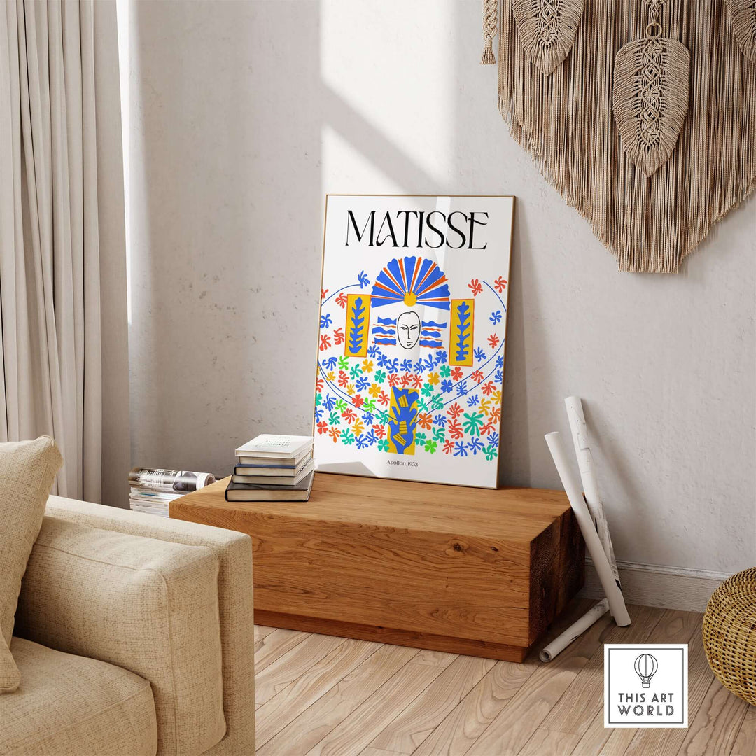 Matisse Apollon 1953 decorative cut out wall art print displayed in a stylish living room setting.