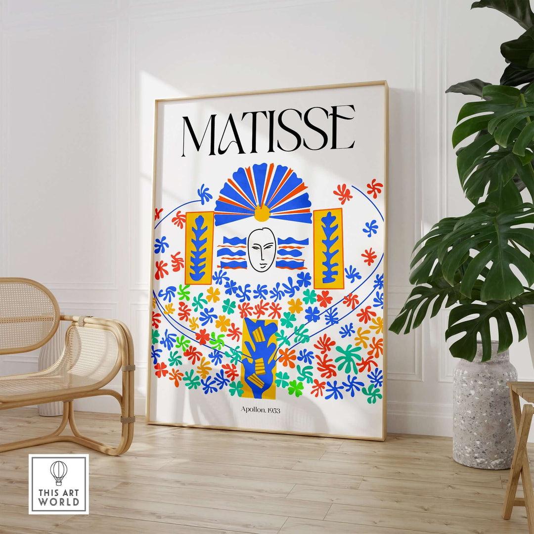 Matisse Apollon 1953 decorative wall art print featuring vibrant colors and floral motifs in a modern interior setting.