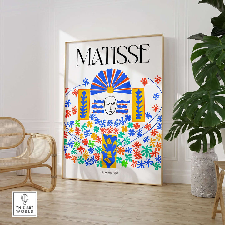 Matisse Apollon 1953 decorative wall art print featuring vibrant colors and floral motifs in a modern interior setting.