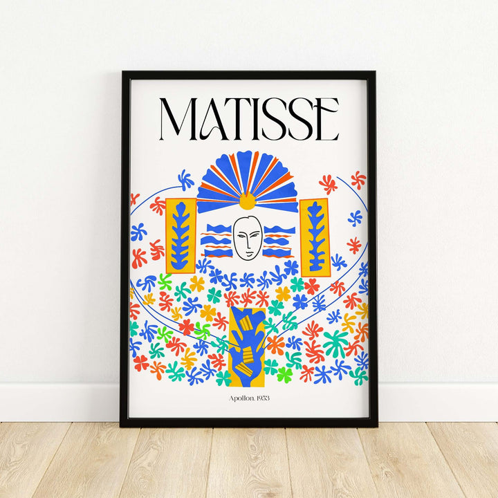 Matisse Apollon 1953 decorative cut-out wall art print featuring vibrant colors, floral patterns, and a central mask motif.