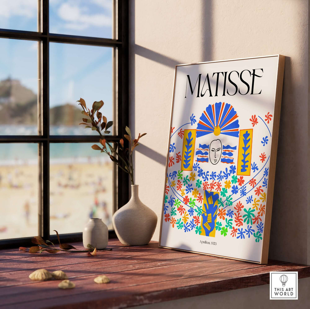 Matisse Apollon 1953 wall art print showcasing vibrant colors and floral motifs in a sunny interior setting.