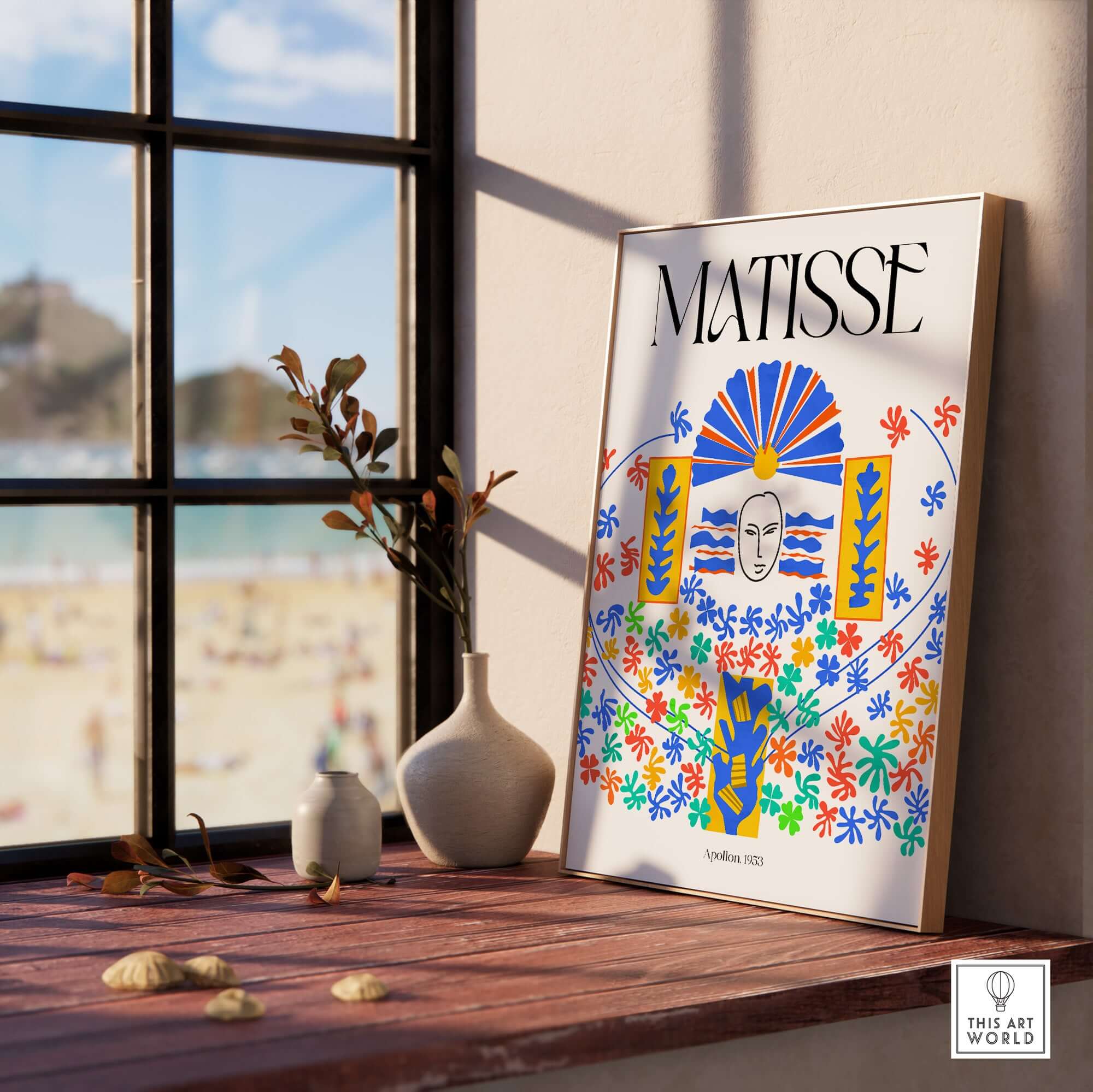 Matisse Apollon 1953 Decorative Cut Out Wall Art Print displayed in a bright room with a beach view.